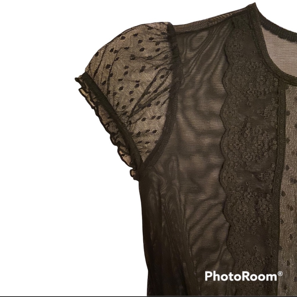 Rare LUX VTG Sheer Black Lace Peplum Cinched/Waist Cap/Sleeve Mesh Polka Dots - Picture 3 of 11